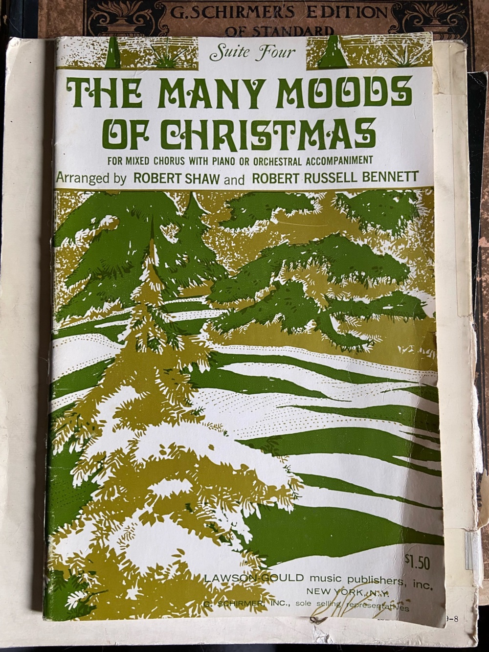 Vintage Christmas tree snow MCM Century Modern Holiday Green song music book